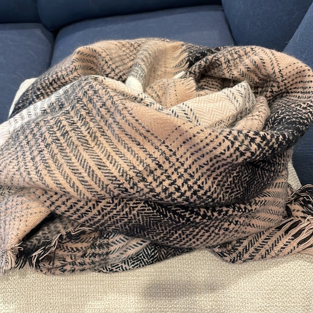 White, pink, cream and black blanket scarf